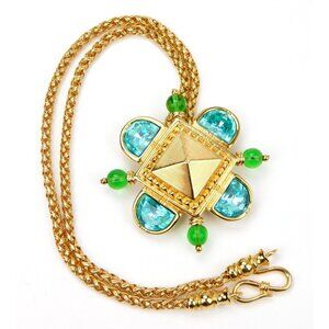 Sandi Miller Burrows Gold Tone Pyramid Couture Blue Green Brooch Pin Necklace